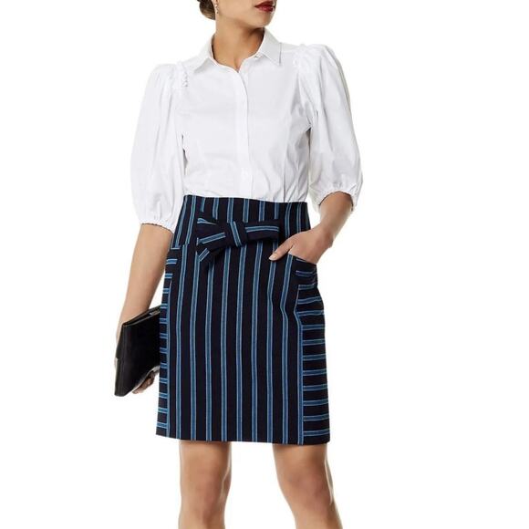 Karen Millen Stripe Skirt Women's 8 BlueMulti Cotton Stretch Pockets Tie NWT - Picture 1 of 7